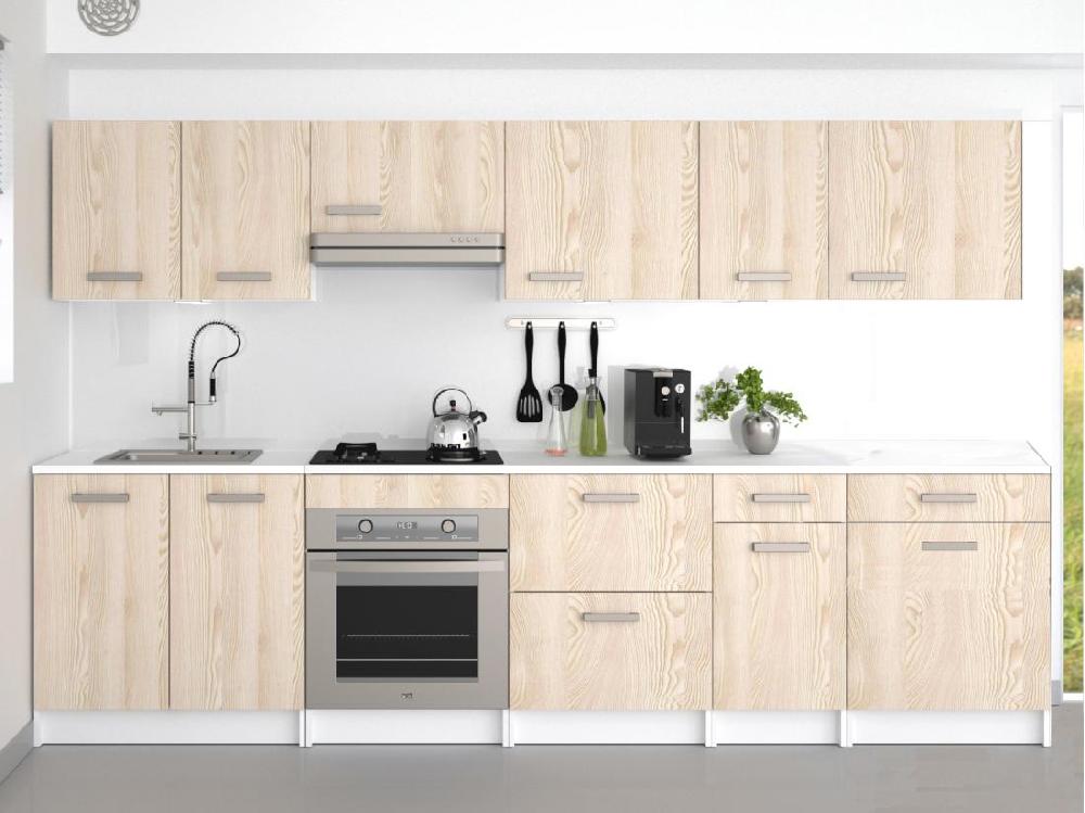 vente unique Cuisine complète - Avec plan de travail 300 cm - Naturel clair et Blanc - TRATTORIA