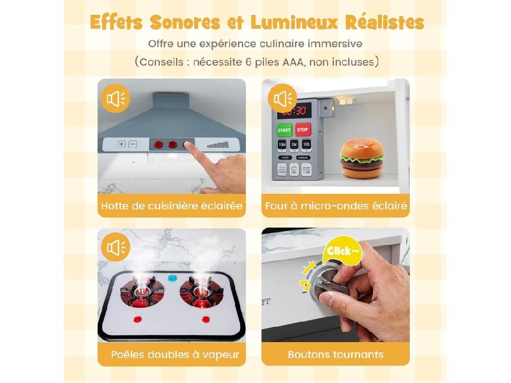 Vente Unique Cuisine D’Angle Enfants Avec 16 Accessoires & Son & Lumière Jeu De Cuisine Enfants Avec Machine à Glaçon & Lave-Vaisselle Séparé Tableau Noir Pour Enfants De 3 Ans+(Blanc)