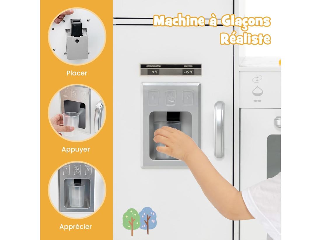 Vente Unique Cuisine D’Angle Enfants Avec 16 Accessoires & Son & Lumière Jeu De Cuisine Enfants Avec Machine à Glaçon & Lave-Vaisselle Séparé Tableau Noir Pour Enfants De 3 Ans+(Blanc)