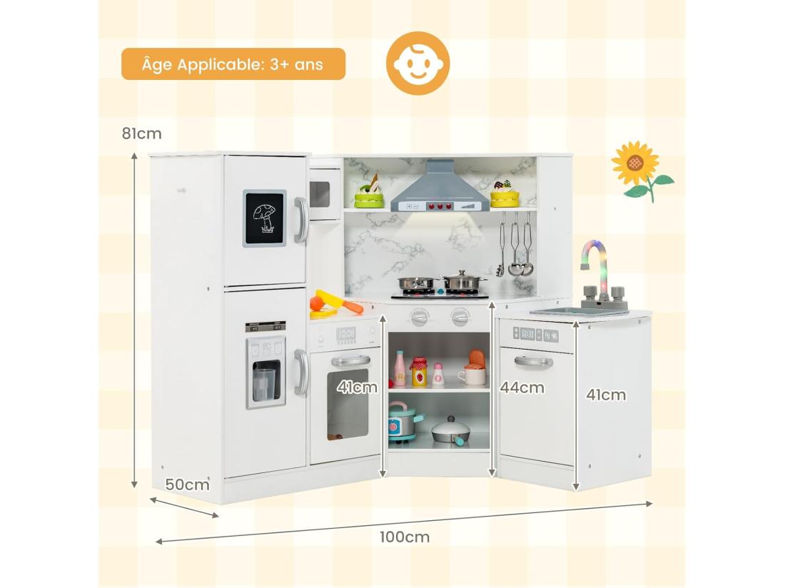 Vente Unique Cuisine D’Angle Enfants Avec 16 Accessoires & Son & Lumière Jeu De Cuisine Enfants Avec Machine à Glaçon & Lave-Vaisselle Séparé Tableau Noir Pour Enfants De 3 Ans+(Blanc)