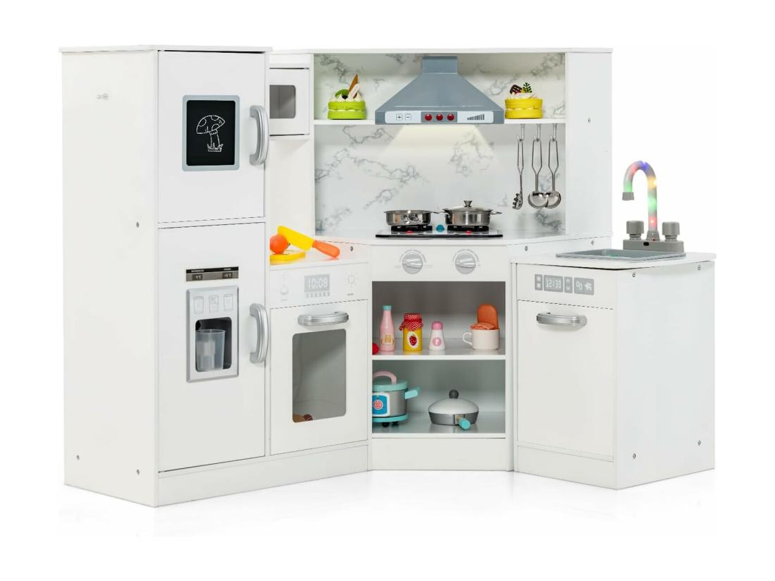 vente unique Cuisine d’Angle Enfants avec 16 Accessoires & Son & Lumière Jeu de Cuisine Enfants avec Machine à Glaçon & Lave-Vaisselle Séparé Tableau Noir pour Enfants de 3 Ans+(Blanc)