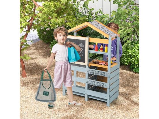 Vente Unique Cuisine Enfant Double Face Avec Tableau Noir & 12 Accessoires Jeu De Cuisine Enfant En Bois Avec Auvent à Motif & BBQ & Évier Amovible Épicerie Pour 3 Ans+