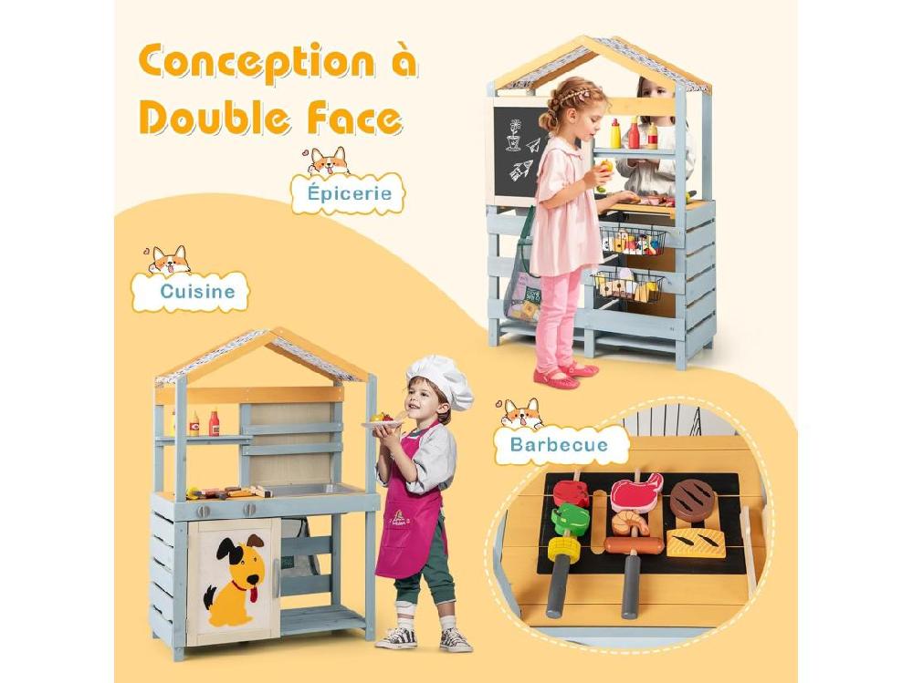 Vente Unique Cuisine Enfant Double Face Avec Tableau Noir & 12 Accessoires Jeu De Cuisine Enfant En Bois Avec Auvent à Motif & BBQ & Évier Amovible Épicerie Pour 3 Ans+