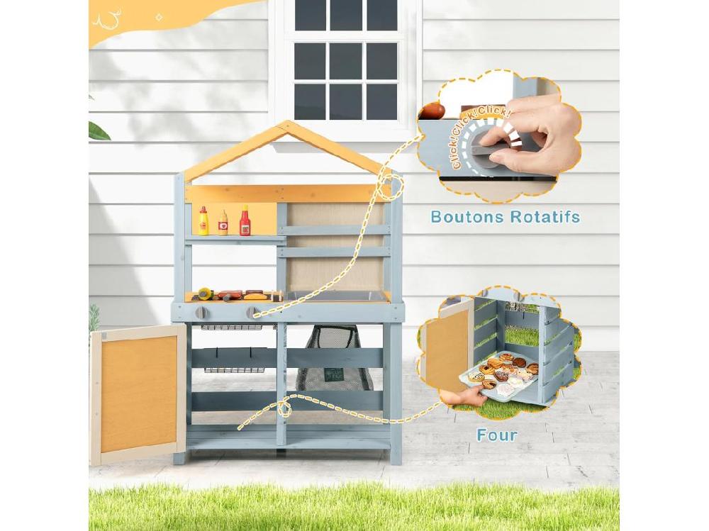Vente Unique Cuisine Enfant Double Face Avec Tableau Noir & 12 Accessoires Jeu De Cuisine Enfant En Bois Avec Auvent à Motif & BBQ & Évier Amovible Épicerie Pour 3 Ans+