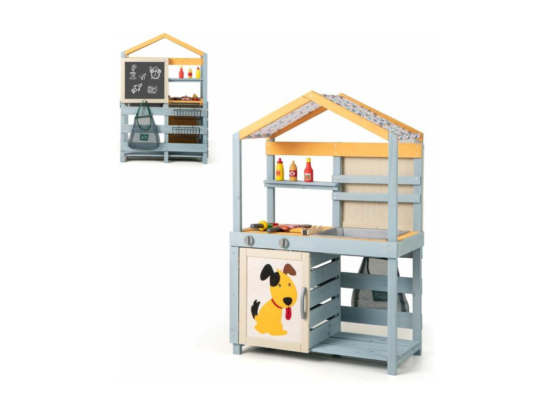 vente unique Cuisine Enfant Double Face avec Tableau Noir & 12 Accessoires Jeu de Cuisine Enfant en Bois avec Auvent à Motif & BBQ & Évier Amovible Épicerie pour 3 Ans+