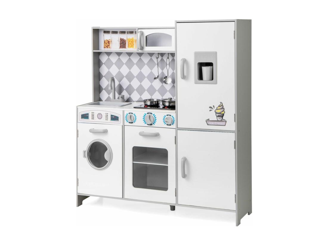 vente unique Cuisine Enfant en Bois avec Effets Sonores et Lumières avec Machine à Laver et Micro-Ondes Machine à Glaçons Jouet de Simulation pour Enfant de 3 Ans+