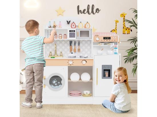 Vente Unique Cuisine Enfant En Bois Avec Machine à Café & Machine à Glaçons Jeu De Cuisine Enfant Avec Micro-Ondes 26 Accessoires & Espace De Rangement Pour 3 Ans+ (Blanc)