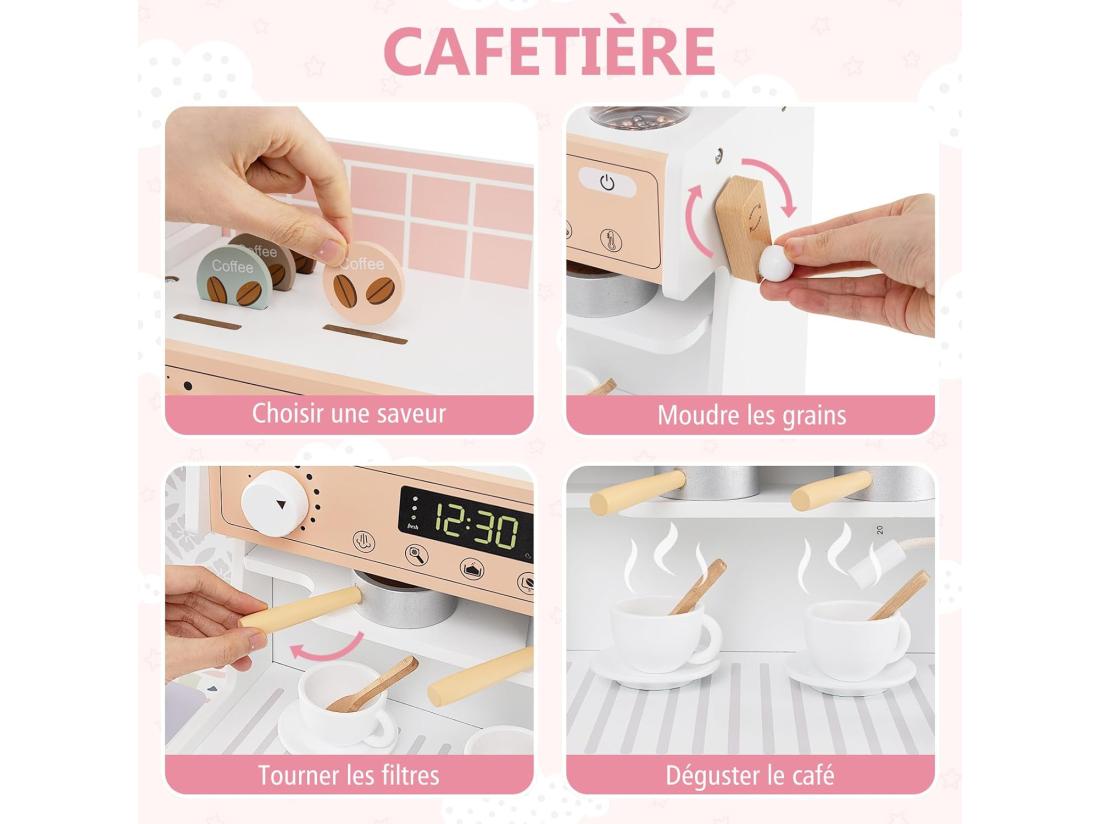 Vente Unique Cuisine Enfant En Bois Avec Machine à Café & Machine à Glaçons Jeu De Cuisine Enfant Avec Micro-Ondes 26 Accessoires & Espace De Rangement Pour 3 Ans+ (Blanc)