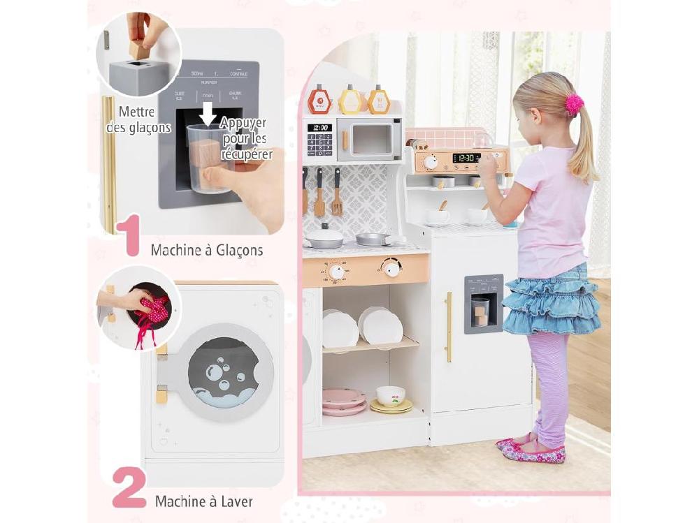 Vente Unique Cuisine Enfant En Bois Avec Machine à Café & Machine à Glaçons Jeu De Cuisine Enfant Avec Micro-Ondes 26 Accessoires & Espace De Rangement Pour 3 Ans+ (Blanc)
