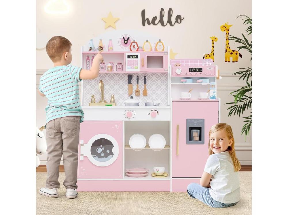 Vente Unique Cuisine Enfant En Bois Avec Machine à Café & Machine à Glaçons Jeu De Cuisine Avec Horloge & Micro-Ondes 26 Accessoires Jeu D’Imitation Pour 3 Ans+ (Rose)