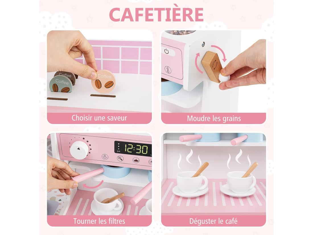 Vente Unique Cuisine Enfant En Bois Avec Machine à Café & Machine à Glaçons Jeu De Cuisine Avec Horloge & Micro-Ondes 26 Accessoires Jeu D’Imitation Pour 3 Ans+ (Rose)