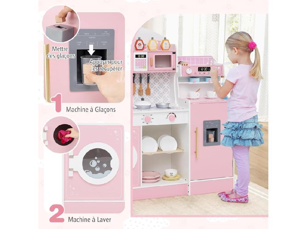 Vente Unique Cuisine Enfant En Bois Avec Machine à Café & Machine à Glaçons Jeu De Cuisine Avec Horloge & Micro-Ondes 26 Accessoires Jeu D’Imitation Pour 3 Ans+ (Rose)