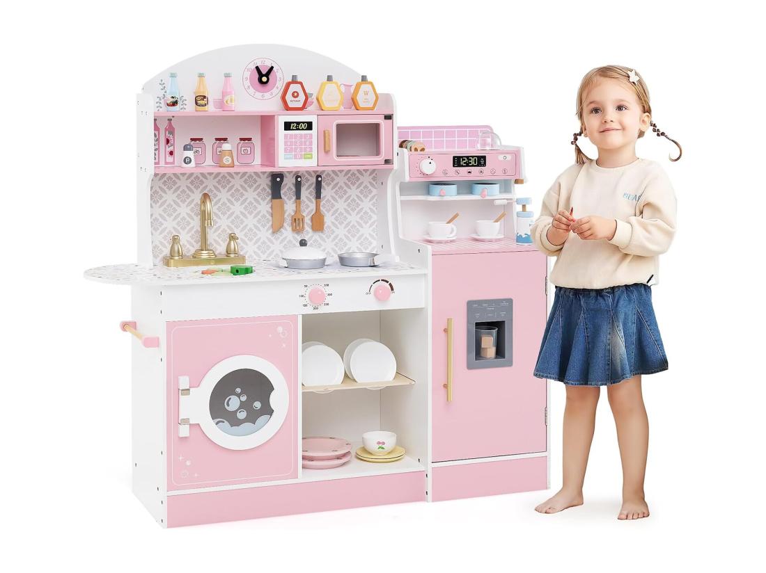 vente unique Cuisine Enfant en Bois avec Machine à Café & Machine à Glaçons Jeu de Cuisine avec Horloge & Micro-Ondes 26 Accessoires Jeu d’Imitation pour 3 Ans+ (Rose)