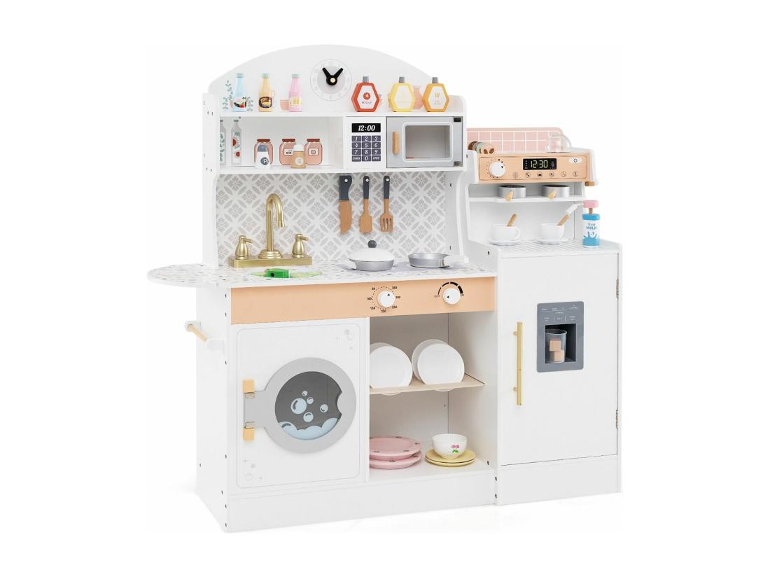 vente unique Cuisine Enfant en Bois avec Machine à Café & Machine à Glaçons Jeu de Cuisine Enfant avec Micro-Ondes 26 Accessoires & Espace de Rangement pour 3 Ans+ (Blanc)