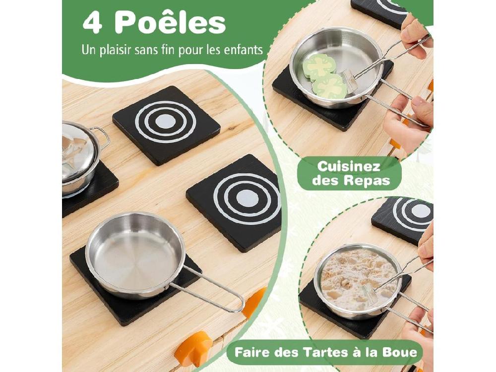 Vente Unique Cuisine Enfant Extérieure Avec Tableau Noir & Auvent Jeu De Cuisine En Bois De Sapin Avec 4 Accessoires Boutons Rotatifs & Étagère Cuisine De Boue Pour 3 Ans+
