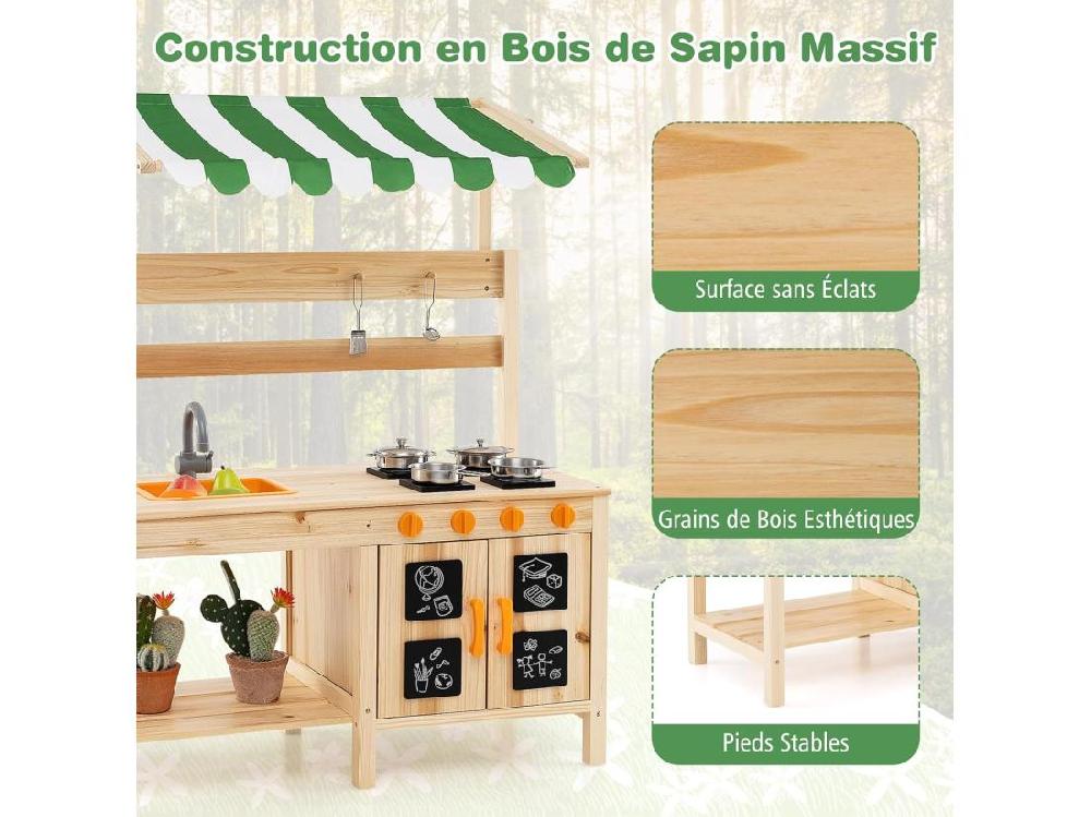 Vente Unique Cuisine Enfant Extérieure Avec Tableau Noir & Auvent Jeu De Cuisine En Bois De Sapin Avec 4 Accessoires Boutons Rotatifs & Étagère Cuisine De Boue Pour 3 Ans+