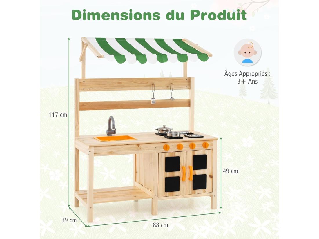 Vente Unique Cuisine Enfant Extérieure Avec Tableau Noir & Auvent Jeu De Cuisine En Bois De Sapin Avec 4 Accessoires Boutons Rotatifs & Étagère Cuisine De Boue Pour 3 Ans+