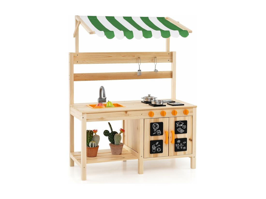 vente unique Cuisine Enfant Extérieure avec Tableau Noir & Auvent Jeu de Cuisine en Bois de Sapin avec 4 Accessoires Boutons Rotatifs & Étagère Cuisine de Boue pour 3 Ans+