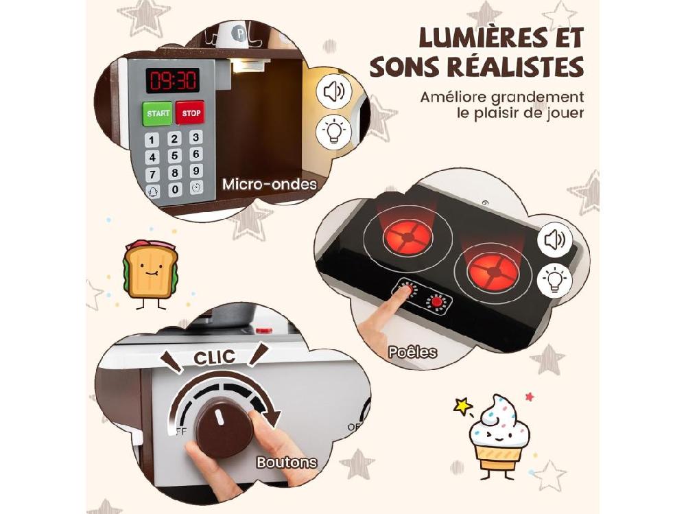 Vente Unique Cuisine Enfants En Bois Avec 18 Accessoires Cuisine D’Angle Enfants Avec Micro-Ondes & Étagères Lumières Et Sons Jouet D’Imitation Pour 3 Ans+ (Marron)