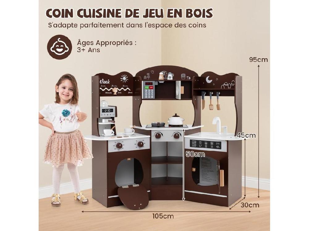 Vente Unique Cuisine Enfants En Bois Avec 18 Accessoires Cuisine D’Angle Enfants Avec Micro-Ondes & Étagères Lumières Et Sons Jouet D’Imitation Pour 3 Ans+ (Marron)