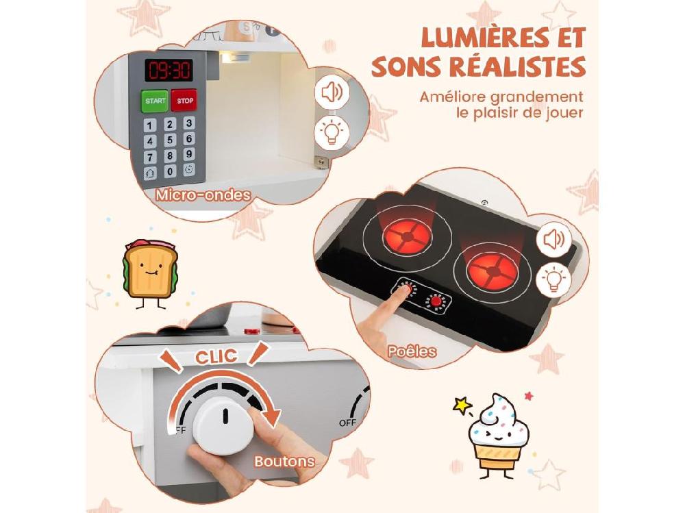 Vente Unique Cuisine Enfants En Bois Avec 18 Accessoires Cuisine D’Angle Enfants Avec Micro-Ondes & Étagères Lumières Et Sons Jouet D’Imitation Pour 3 Ans+ (Blanc)