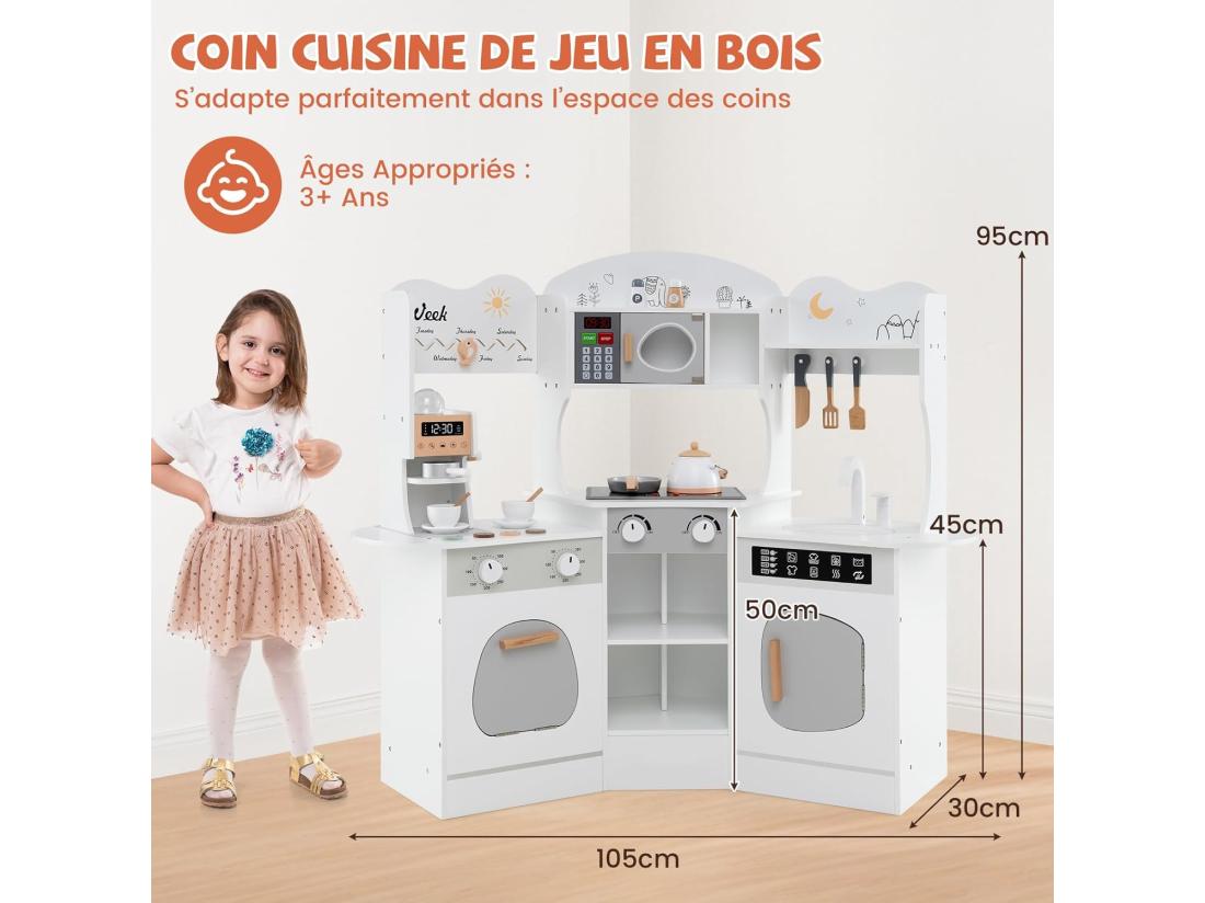 Vente Unique Cuisine Enfants En Bois Avec 18 Accessoires Cuisine D’Angle Enfants Avec Micro-Ondes & Étagères Lumières Et Sons Jouet D’Imitation Pour 3 Ans+ (Blanc)