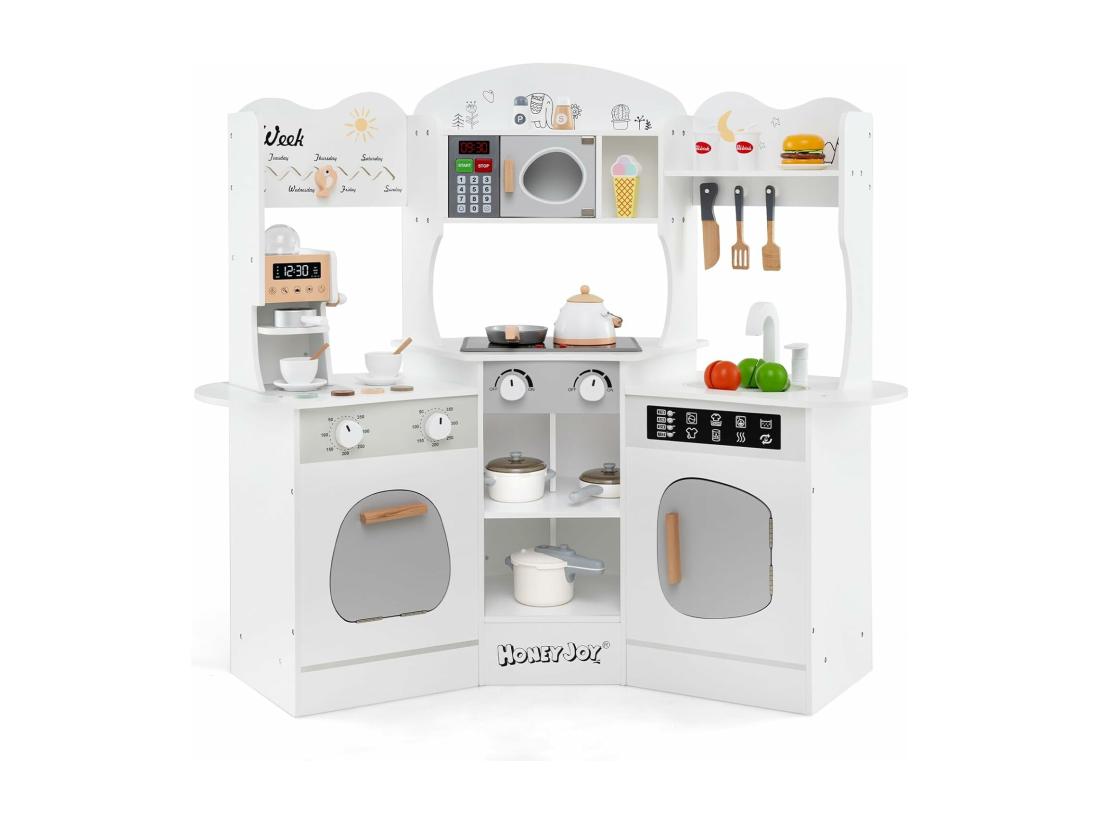 vente unique Cuisine Enfants en Bois avec 18 Accessoires Cuisine d’Angle Enfants avec Micro-Ondes & Étagères Lumières et Sons Jouet d’Imitation pour 3 Ans+ (Blanc)