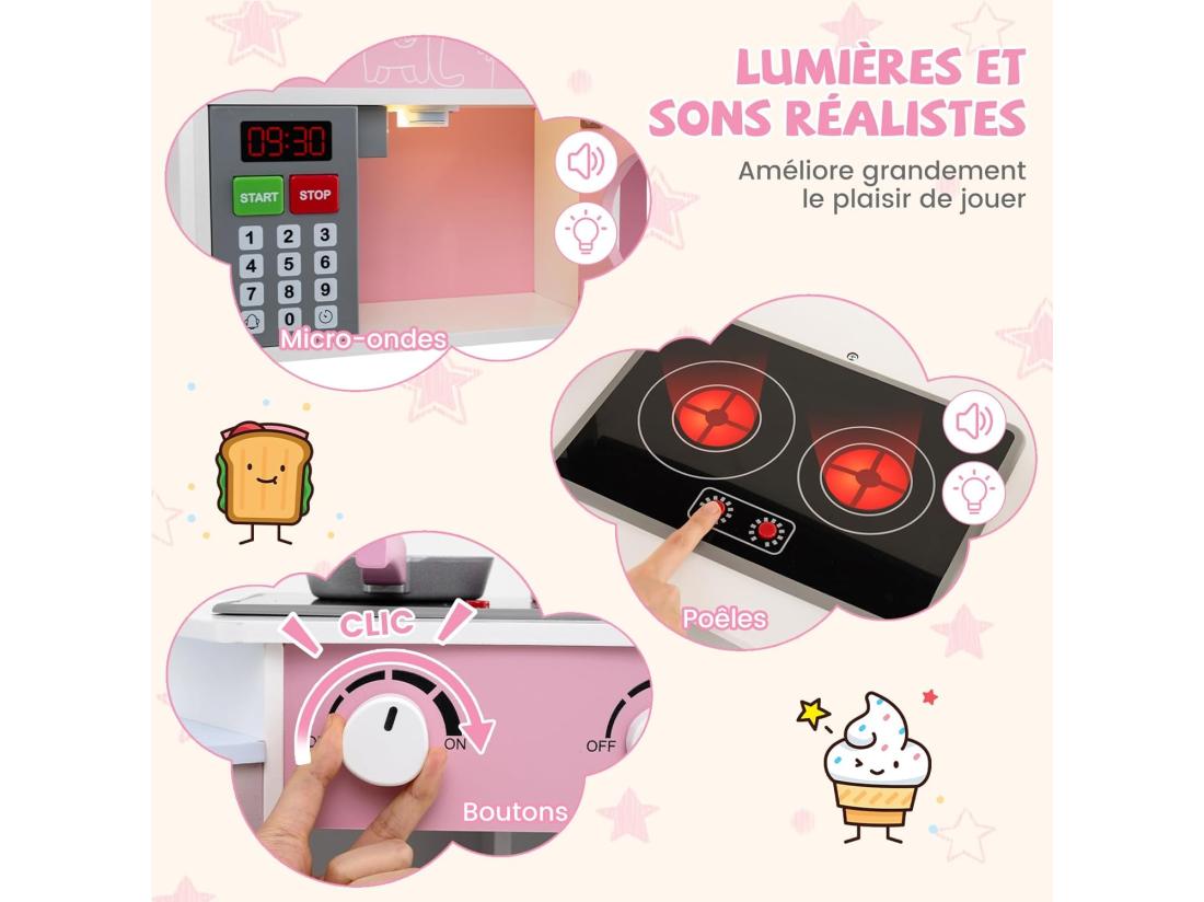 Vente Unique Cuisine Enfants En Bois Avec 18 Accessoires Cuisine D’Angle Enfants Avec Micro-Ondes & Étagères Lumières Et Sons Jouet D’Imitation Pour 3 Ans+ (Rose)