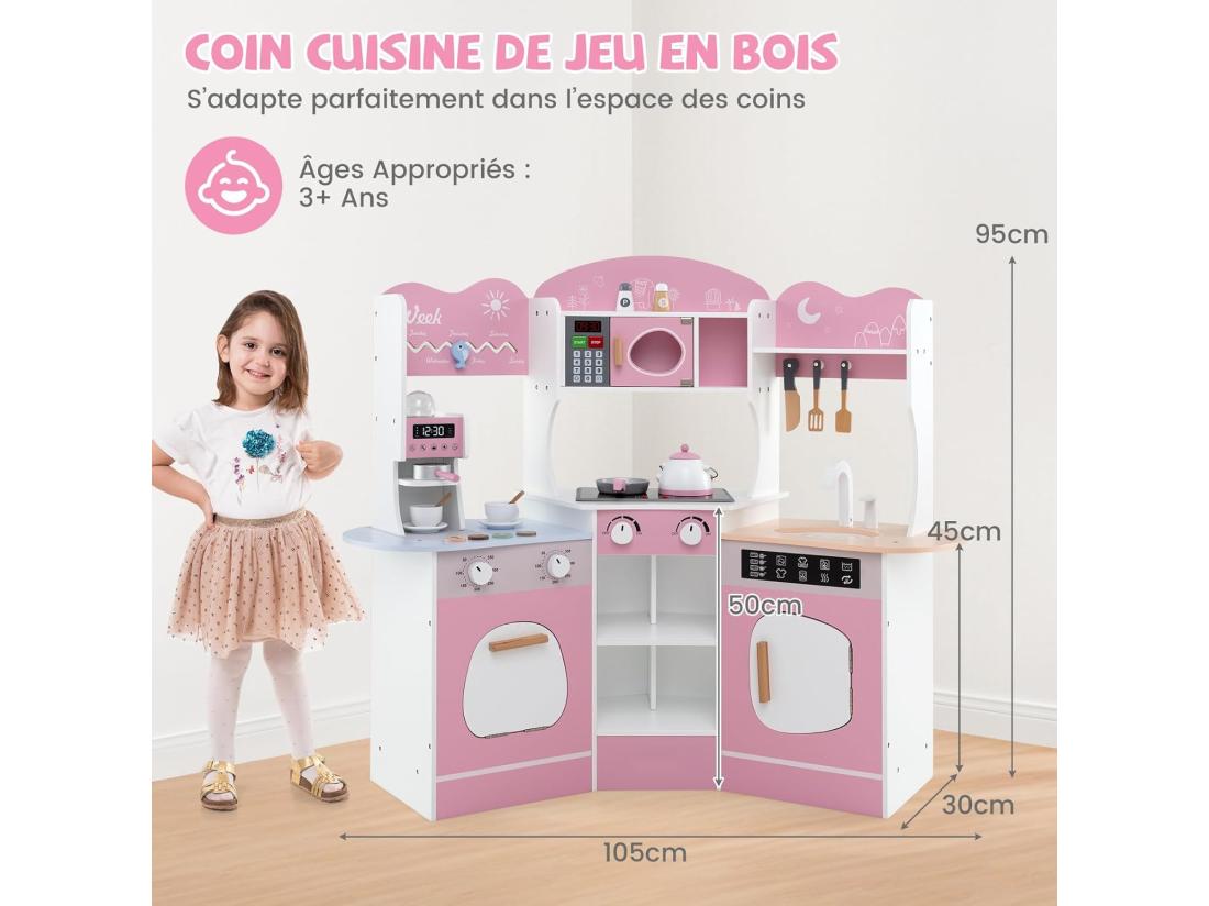 Vente Unique Cuisine Enfants En Bois Avec 18 Accessoires Cuisine D’Angle Enfants Avec Micro-Ondes & Étagères Lumières Et Sons Jouet D’Imitation Pour 3 Ans+ (Rose)