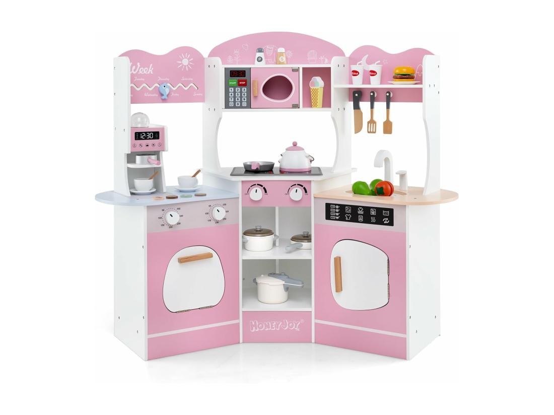 vente unique Cuisine Enfants en Bois avec 18 Accessoires Cuisine d’Angle Enfants avec Micro-Ondes & Étagères Lumières et Sons Jouet d’Imitation pour 3 Ans+ (Rose)