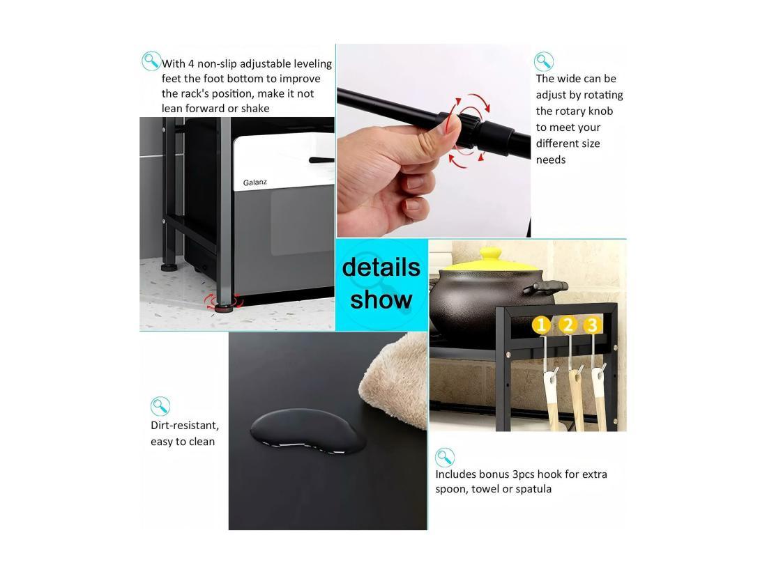 Vente Unique Cuisine étagère De Rangement Avec Support Four Micro-ondes Et 6 Crochets 40/64x36x79cm