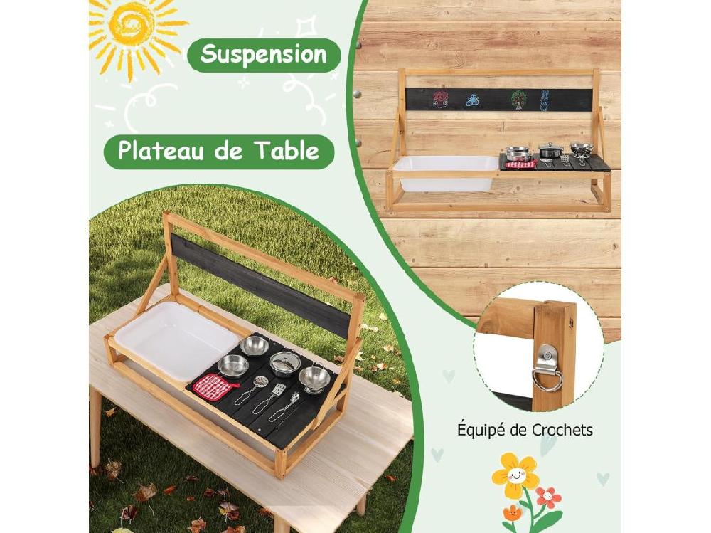 Vente Unique Cuisine Extérieure Enfant Avec Tableau Noir & Évier Jeu De Cuisine En Bois De Sapin Enfant Avec 7 Accessoires & Chiffon Cuisine De Boue Pour 3 Ans+