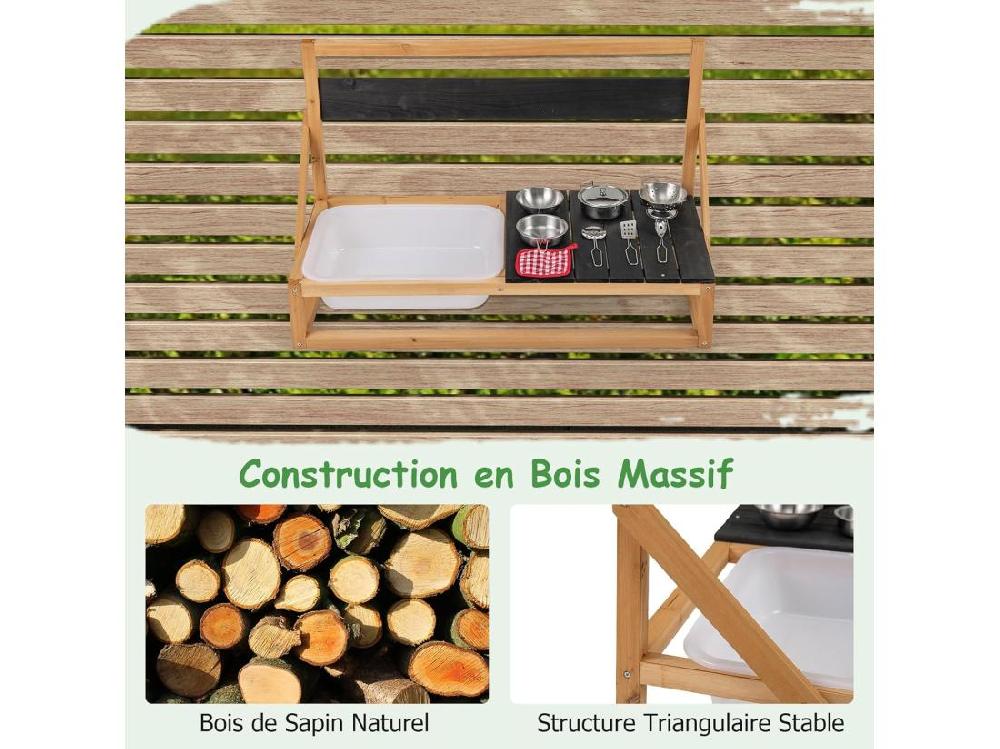 Vente Unique Cuisine Extérieure Enfant Avec Tableau Noir & Évier Jeu De Cuisine En Bois De Sapin Enfant Avec 7 Accessoires & Chiffon Cuisine De Boue Pour 3 Ans+