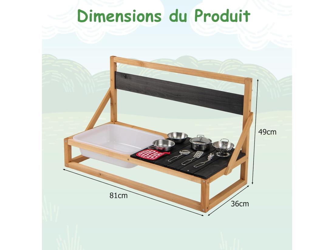 Vente Unique Cuisine Extérieure Enfant Avec Tableau Noir & Évier Jeu De Cuisine En Bois De Sapin Enfant Avec 7 Accessoires & Chiffon Cuisine De Boue Pour 3 Ans+