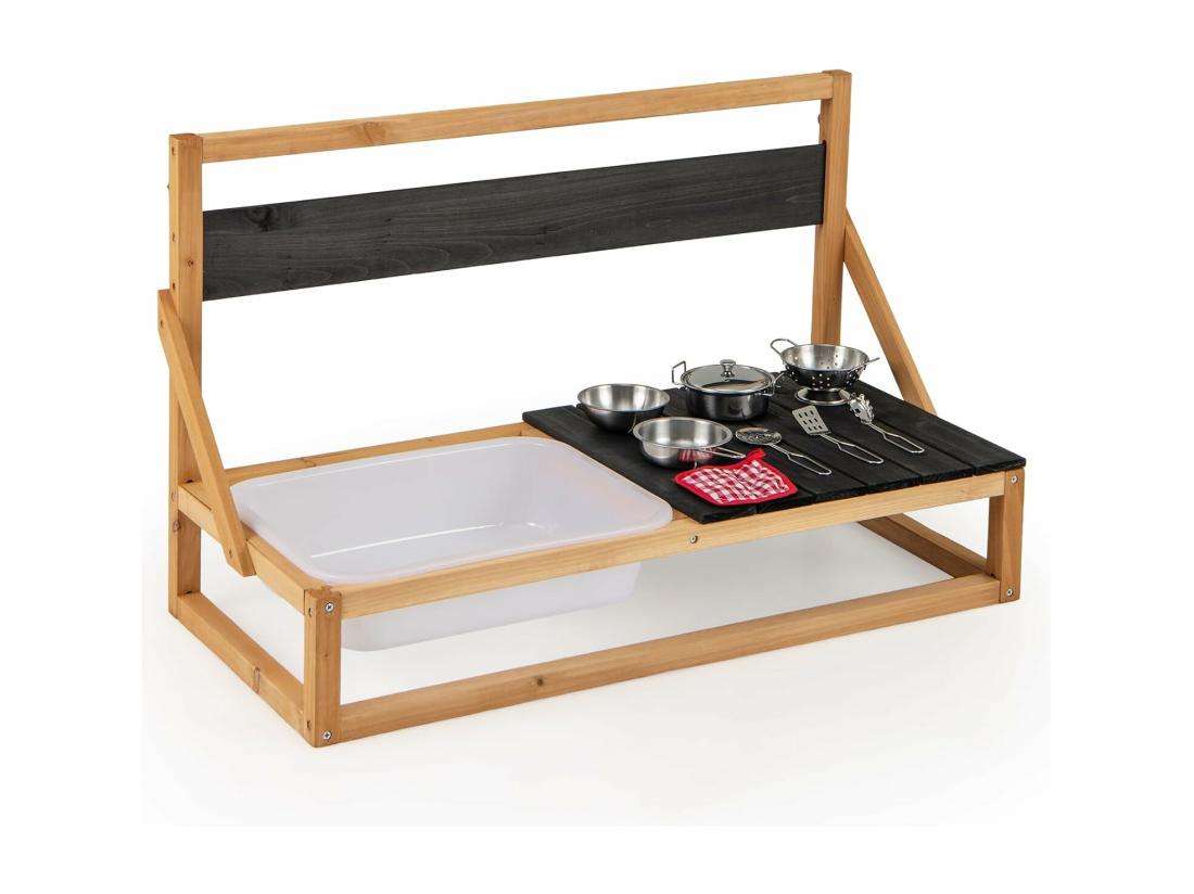 vente unique Cuisine Extérieure Enfant avec Tableau Noir & Évier Jeu de Cuisine en Bois de Sapin Enfant avec 7 Accessoires & Chiffon Cuisine de Boue pour 3 Ans+