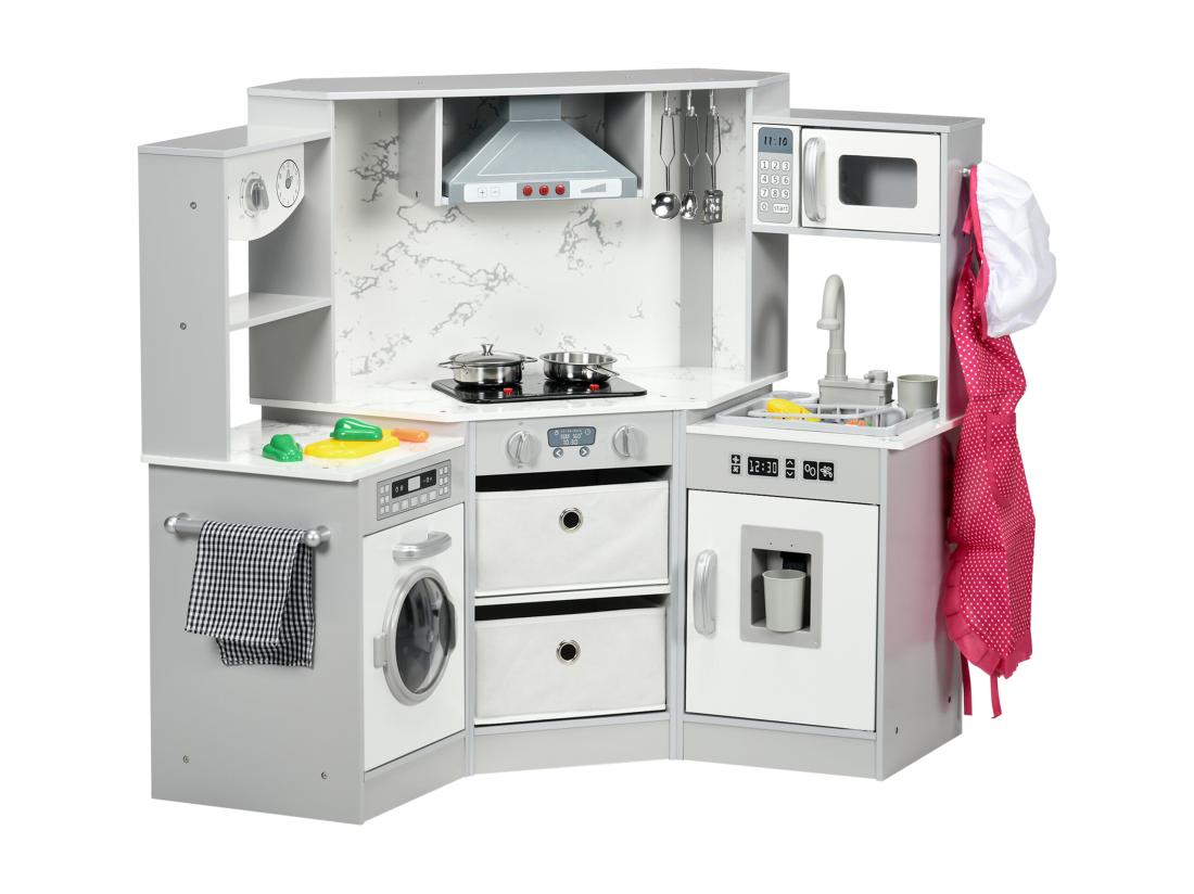 Vente Unique Cuisine Pour Enfant Jeu D'imitation Nombreux Accessoires Rangements évier Réfrigérateur Hotte Lave-linge Gris Blanc