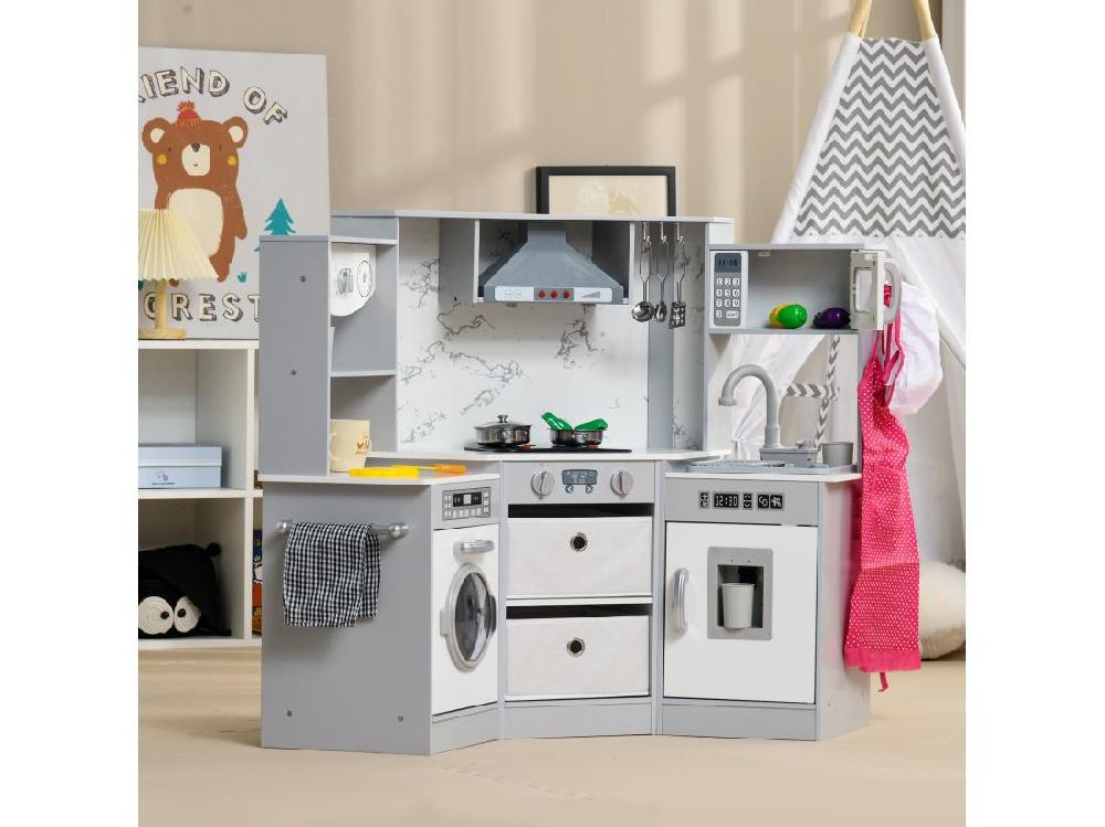 Vente Unique Cuisine Pour Enfant Jeu D'imitation Nombreux Accessoires Rangements évier Réfrigérateur Hotte Lave-linge Gris Blanc