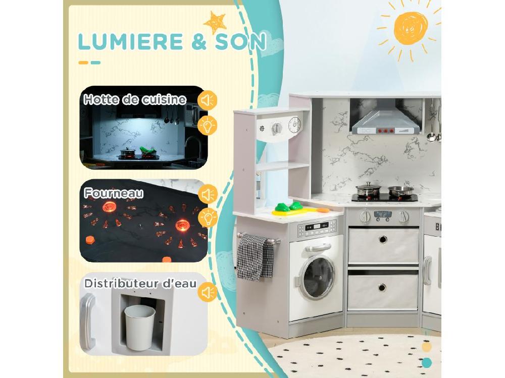 Vente Unique Cuisine Pour Enfant Jeu D'imitation Nombreux Accessoires Rangements évier Réfrigérateur Hotte Lave-linge Gris Blanc