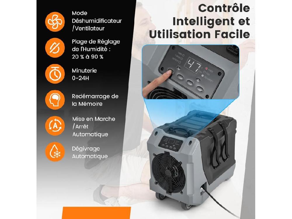 Vente Unique Déshumidificateur Commercial 85L/Jour Déshumidificateur Avec Pompe Et Tuyau De Vidange Dégivrage Automatique 2 Roues Et Poignée Rétractable (Noir)