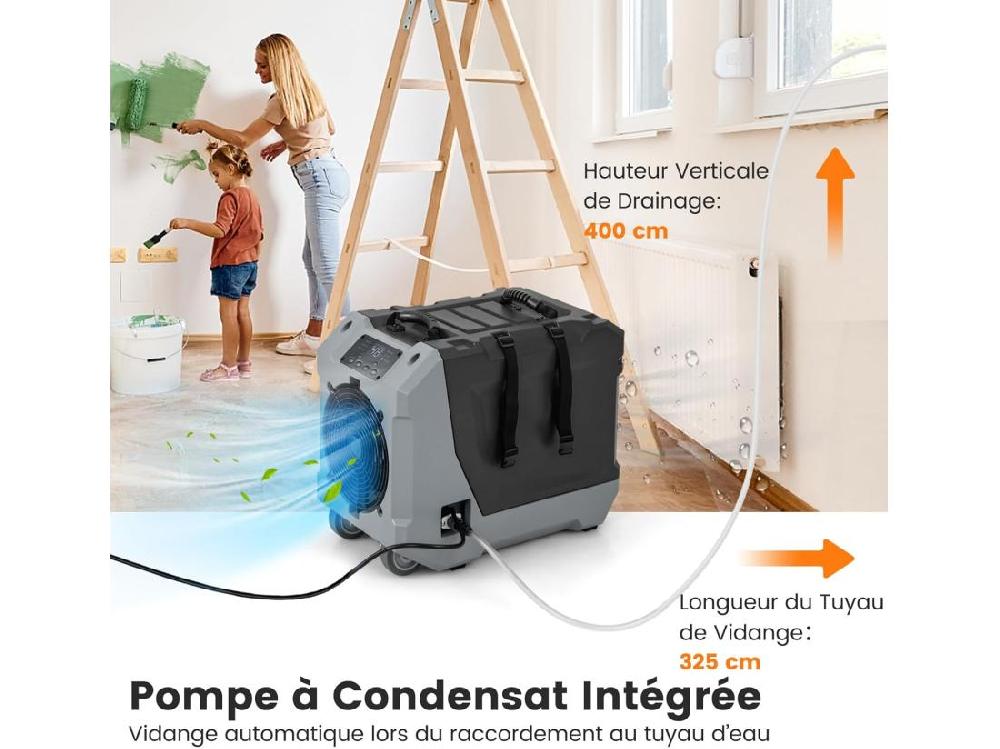 Vente Unique Déshumidificateur Commercial 85L/Jour Déshumidificateur Avec Pompe Et Tuyau De Vidange Dégivrage Automatique 2 Roues Et Poignée Rétractable (Noir)