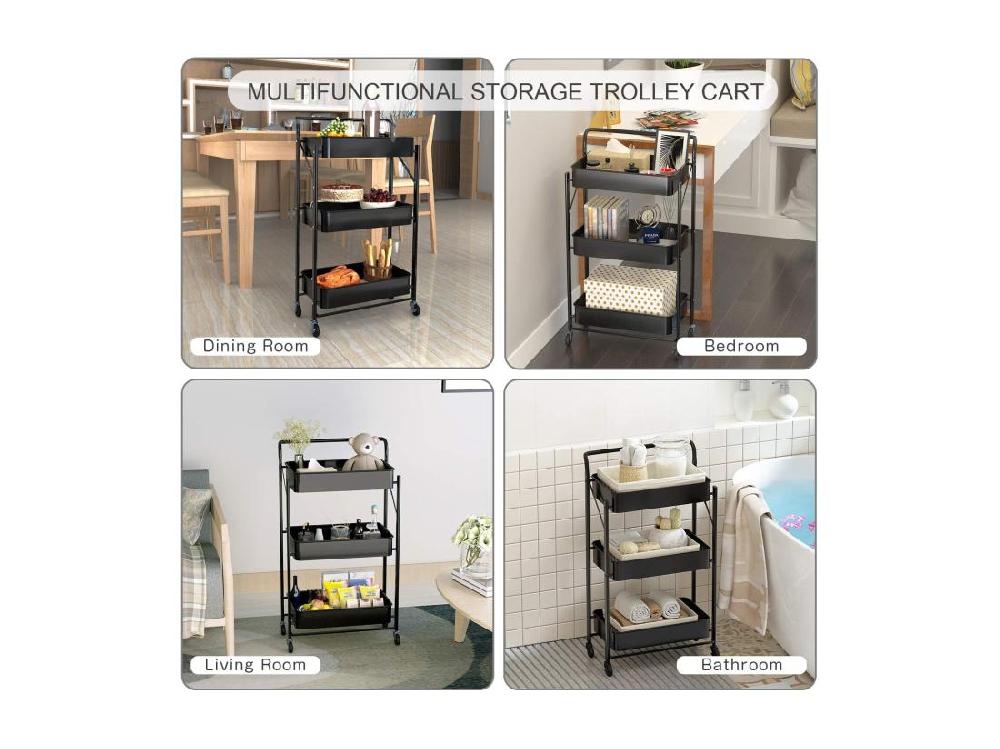 Vente Unique Desserte à Roulettes Pliante Chariot De Service Desserte Roulante à 3 Paniers De Rangement ‎40 X 30 X 89.5cm - Noir