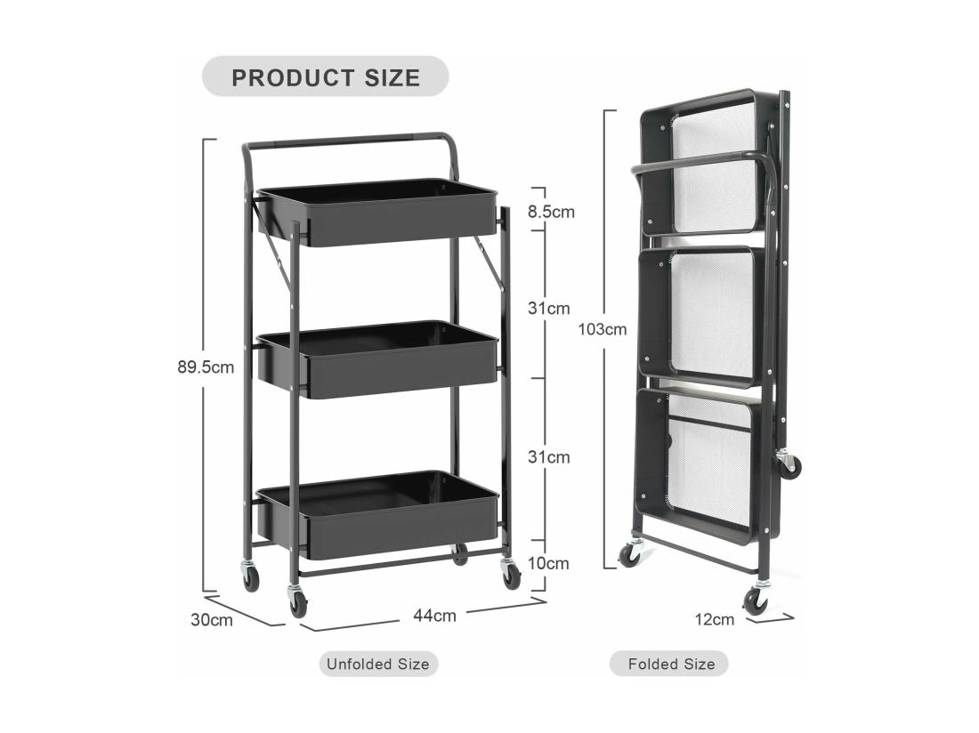 Vente Unique Desserte à Roulettes Pliante Chariot De Service Desserte Roulante à 3 Paniers De Rangement ‎40 X 30 X 89.5cm - Noir