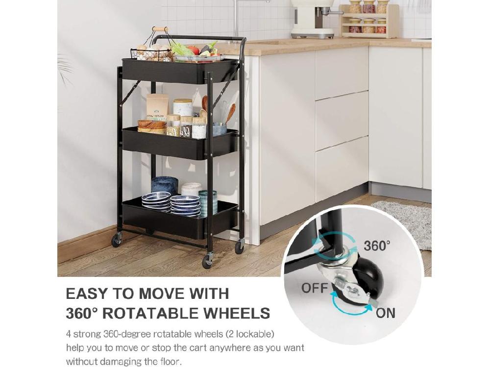 Vente Unique Desserte à Roulettes Pliante Chariot De Service Desserte Roulante à 3 Paniers De Rangement ‎40 X 30 X 89.5cm - Noir