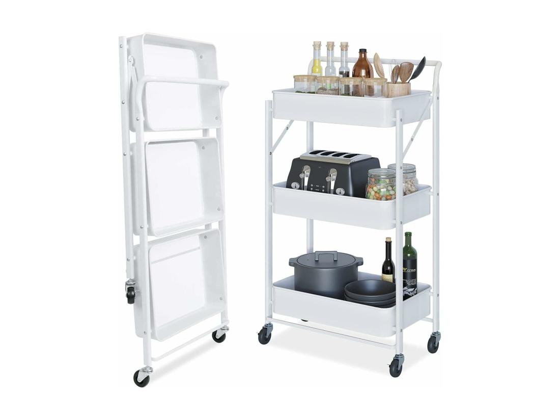 Vente Unique Desserte à Roulettes Pliante Chariot De Service Desserte Roulante à 3 Paniers De Rangement ‎40 X 30 X 89.5cm - Blanc