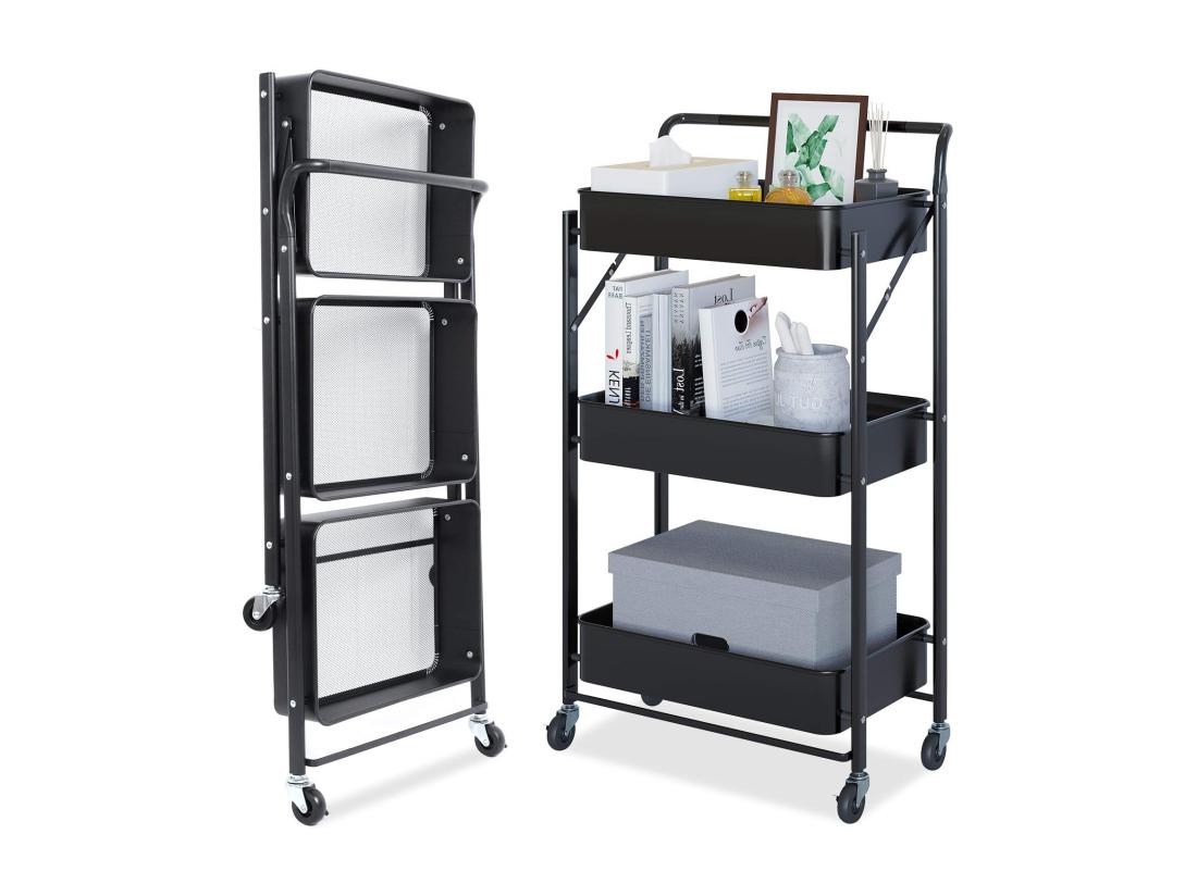 vente unique Desserte à roulettes Pliante Chariot de Service Desserte Roulante à 3 Paniers de Rangement ‎40 x 30 x 89.5cm - Noir
