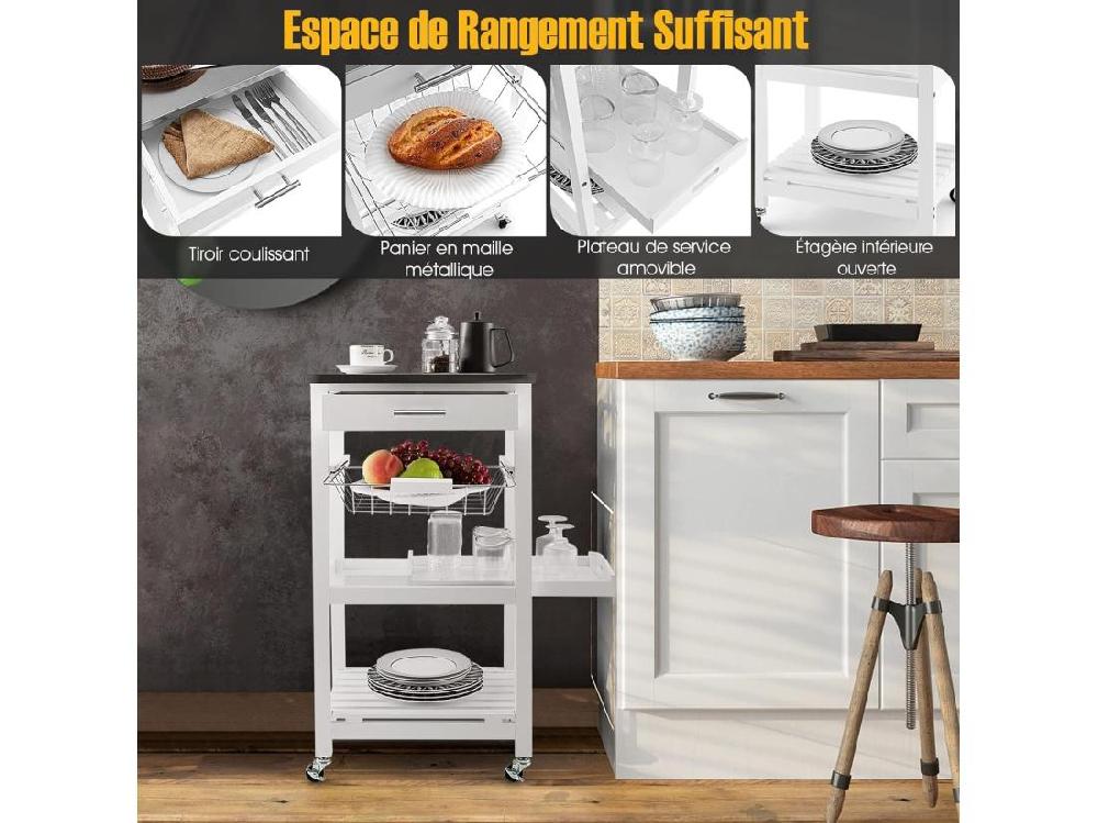 Vente Unique Desserte Cuisine à Roulettes Avec Tiroir Et Panier En Fil Métallique