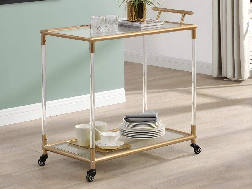 Vente Unique Desserte De Cuisine à Roulettes Double Plateau En Verre Trempé Et Métal - Transparent Et Doré - ORULA