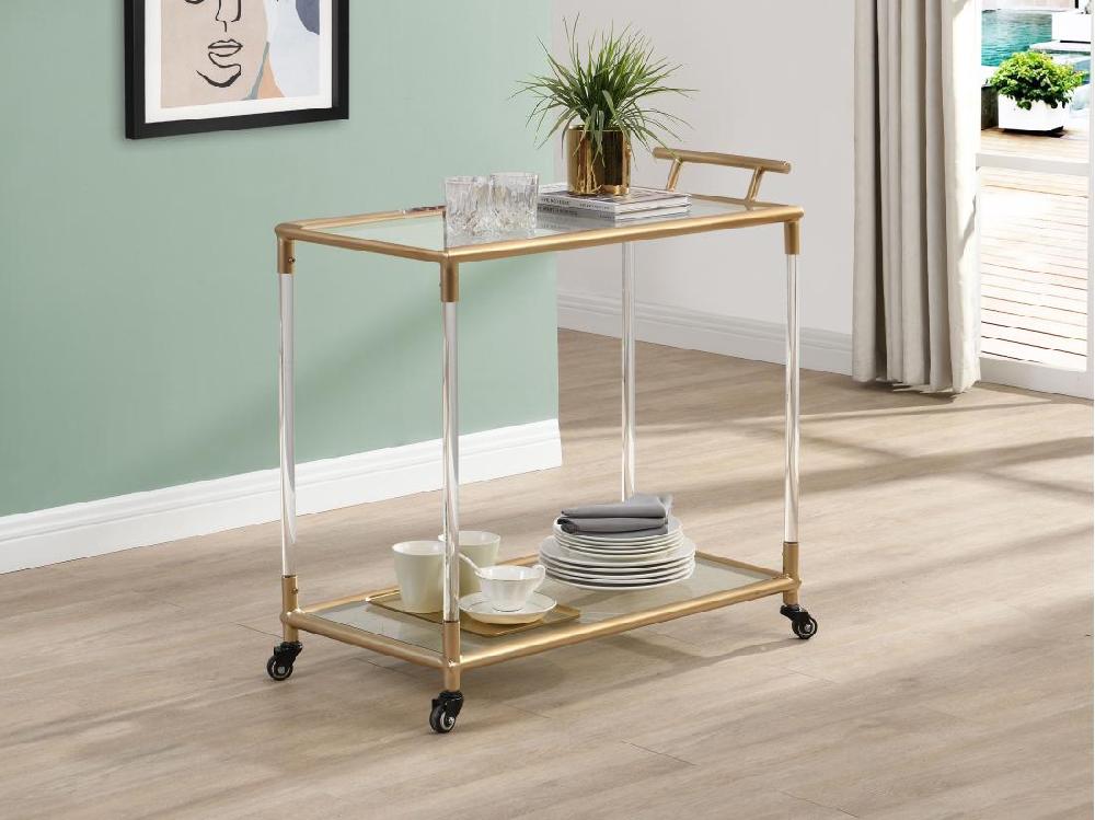 vente unique Desserte de cuisine à roulettes double plateau en verre trempé et métal - Transparent et doré - ORULA