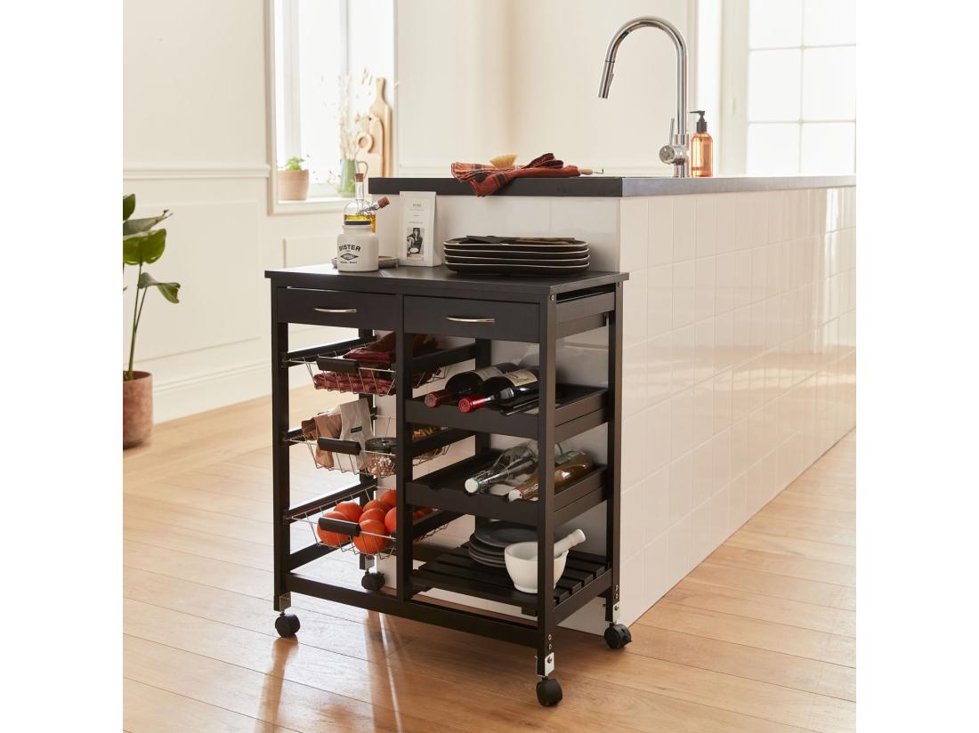 Vente Unique Desserte De Cuisine Noire. Chariot à Roulettes - Charlotte - 2 Tiroirs. 3 Paniers. 2 étagères Range Bouteilles. 1 étagère
