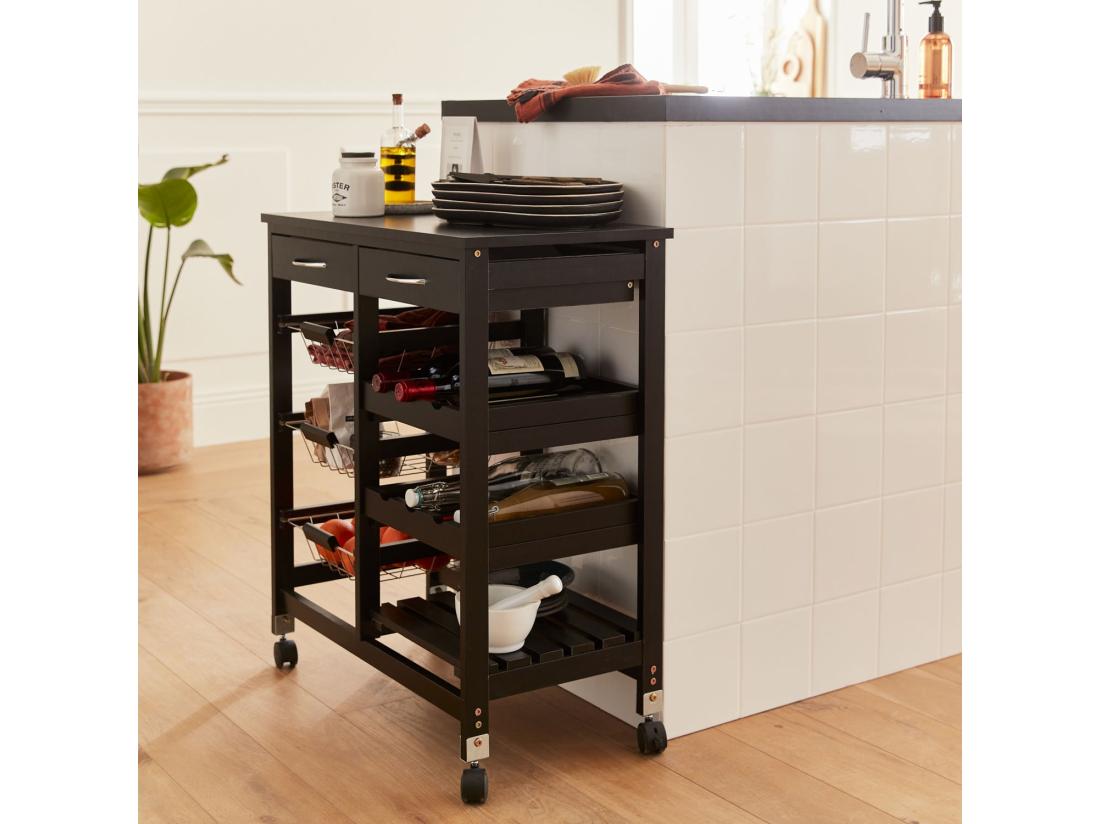 Vente Unique Desserte De Cuisine Noire. Chariot à Roulettes - Charlotte - 2 Tiroirs. 3 Paniers. 2 étagères Range Bouteilles. 1 étagère